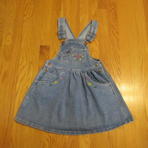 SONOMA GIRL'S SIZ 5 DRESS DENIM OVERALLS SUNDRESS JUMPER HEART FLORAL EMBROIDERY - Picture 2 of 11